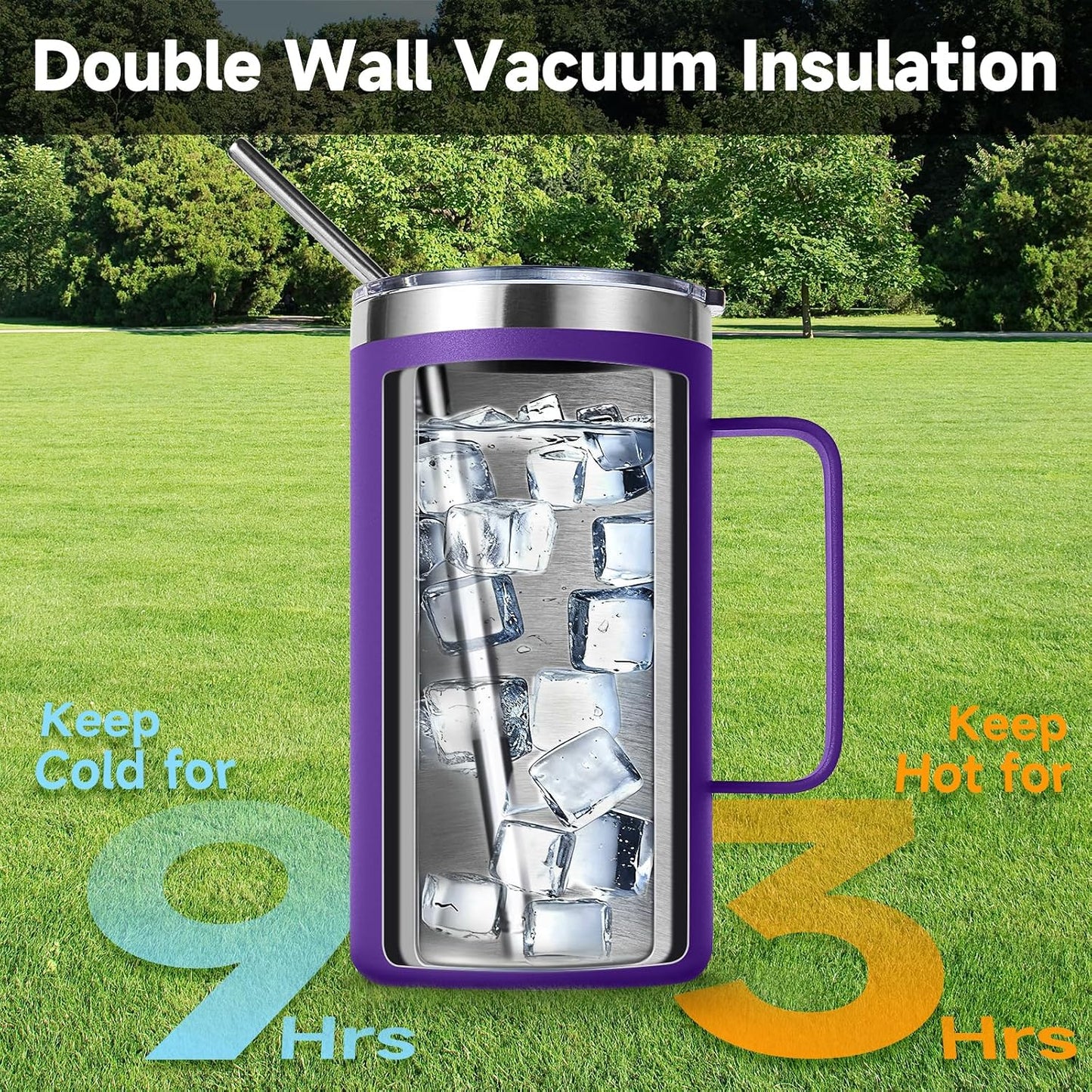 Volhoply 22oz Insulated Stainless Steel Coffee Mug with Leakproof Lid,Double Wall Vacuum Travel Coffee Cup with Handle,Reusable Metal Tumbler,Camping Mugs Keep Hot&Cold(Navy,1)