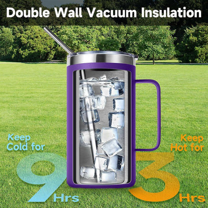 Volhoply 22oz Insulated Stainless Steel Coffee Mug with Leakproof Lid,Double Wall Vacuum Travel Coffee Cup with Handle,Reusable Metal Tumbler,Camping Mugs Keep Hot&Cold(Navy,1)