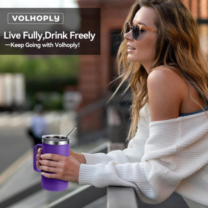 Volhoply 22oz Insulated Stainless Steel Coffee Mug with Leakproof Lid,Double Wall Vacuum Travel Coffee Cup with Handle,Reusable Metal Tumbler,Camping Mugs Keep Hot&Cold(Navy,1)