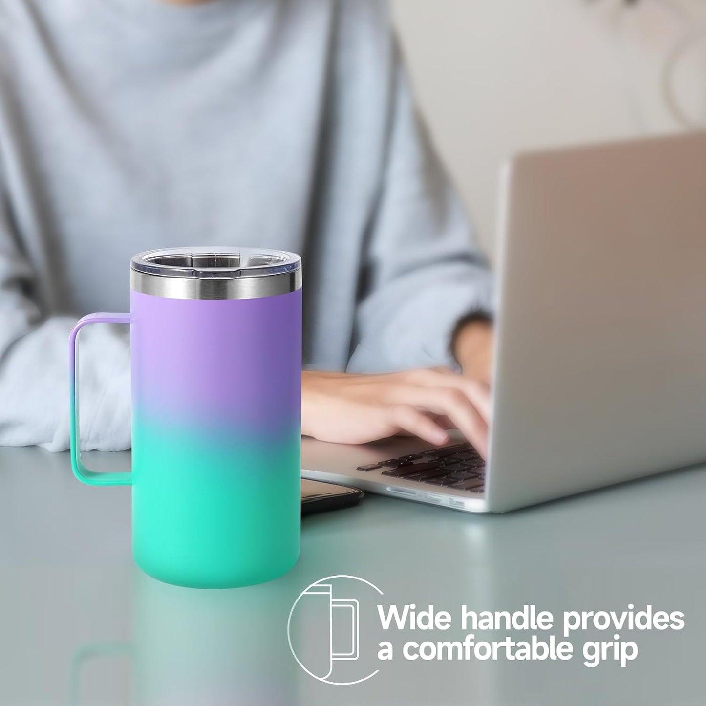 Volhoply 22oz Insulated Stainless Steel Coffee Mug with Leakproof Lid,Double Wall Vacuum Travel Coffee Cup with Handle,Reusable Metal Tumbler,Camping Mugs Keep Hot&Cold(Navy,1)