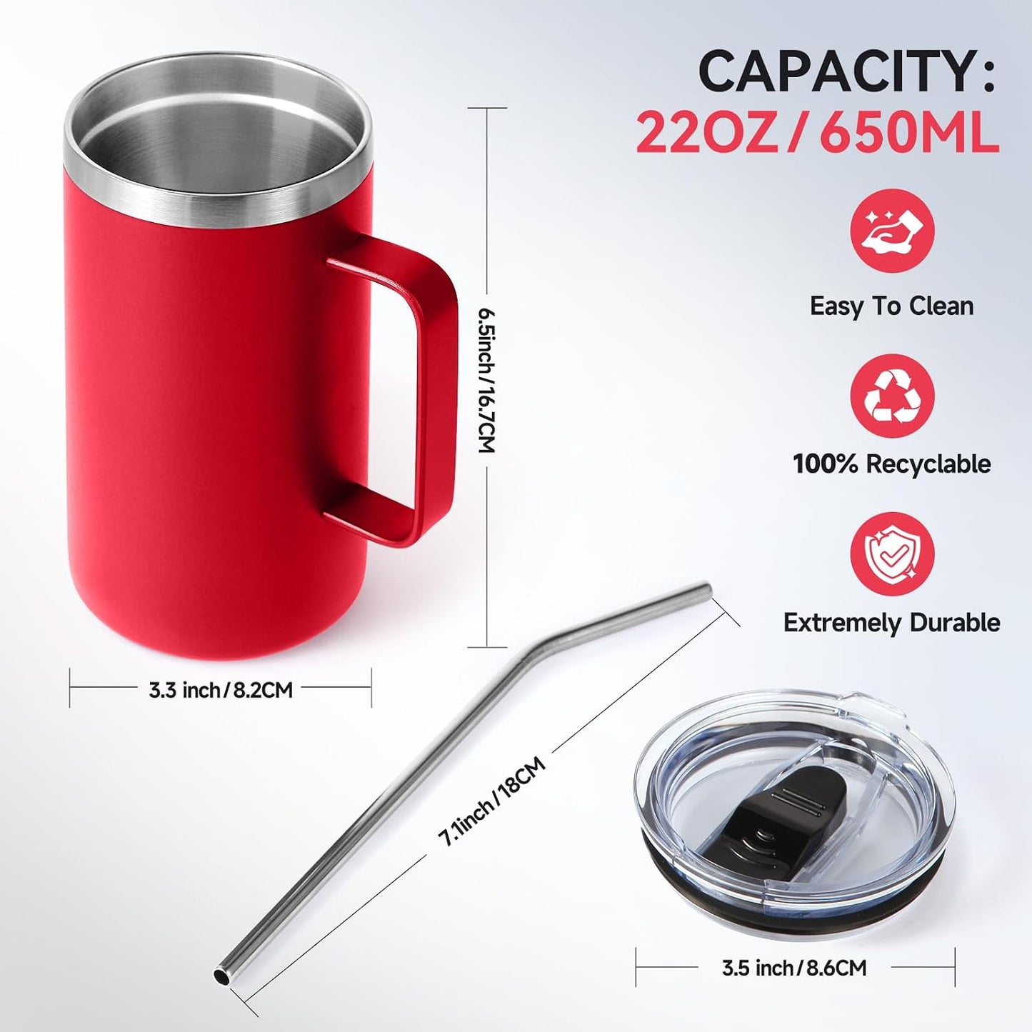 Volhoply 22oz Insulated Stainless Steel Coffee Mug with Leakproof Lid,Double Wall Vacuum Travel Coffee Cup with Handle,Reusable Metal Tumbler,Camping Mugs Keep Hot&Cold(Navy,1)