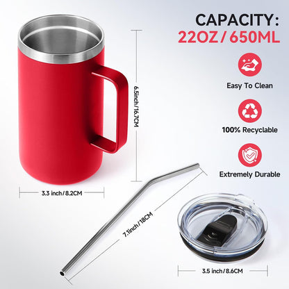 Volhoply 22oz Insulated Stainless Steel Coffee Mug with Leakproof Lid,Double Wall Vacuum Travel Coffee Cup with Handle,Reusable Metal Tumbler,Camping Mugs Keep Hot&Cold(Navy,1)