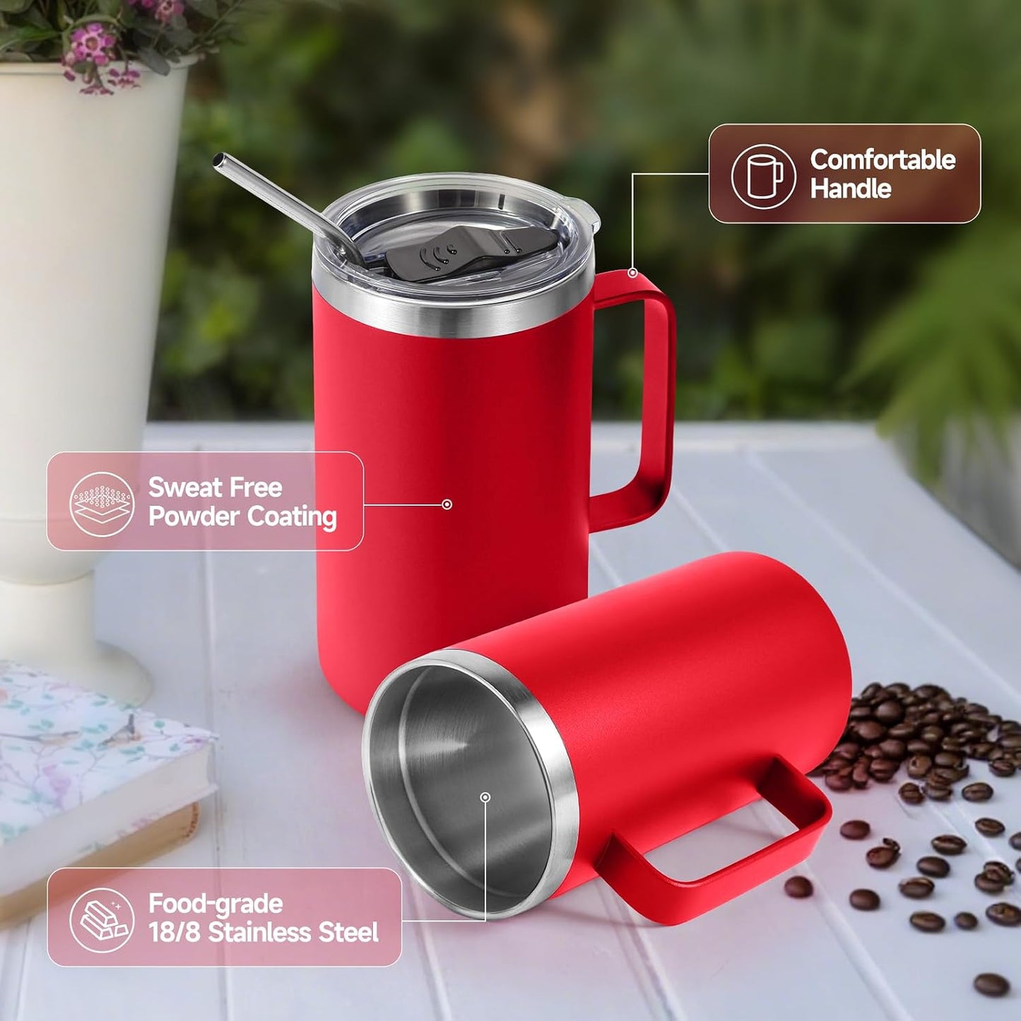 Volhoply 22oz Insulated Stainless Steel Coffee Mug with Leakproof Lid,Double Wall Vacuum Travel Coffee Cup with Handle,Reusable Metal Tumbler,Camping Mugs Keep Hot&Cold(Navy,1)
