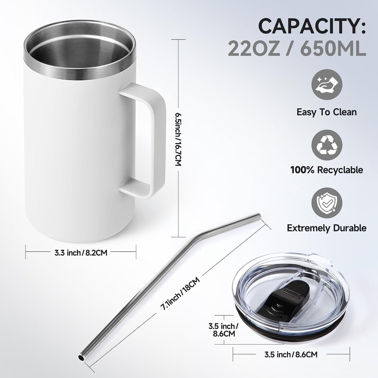 Volhoply 22oz Insulated Stainless Steel Coffee Mug with Leakproof Lid,Double Wall Vacuum Travel Coffee Cup with Handle,Reusable Metal Tumbler,Camping Mugs Keep Hot&Cold(Navy,1)
