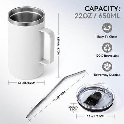 Volhoply 22oz Insulated Stainless Steel Coffee Mug with Leakproof Lid,Double Wall Vacuum Travel Coffee Cup with Handle,Reusable Metal Tumbler,Camping Mugs Keep Hot&Cold(Navy,1)
