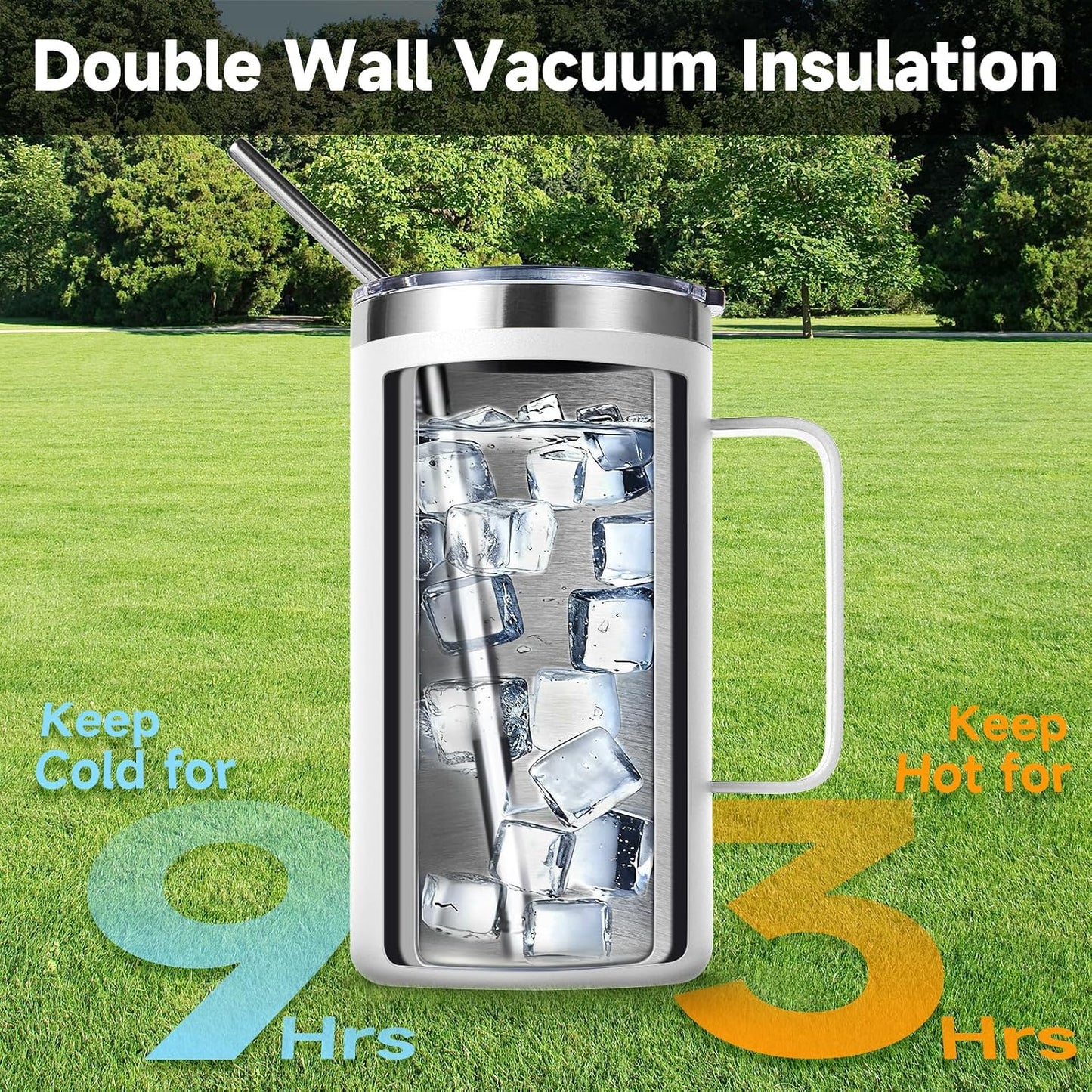 Volhoply 22oz Insulated Stainless Steel Coffee Mug with Leakproof Lid,Double Wall Vacuum Travel Coffee Cup with Handle,Reusable Metal Tumbler,Camping Mugs Keep Hot&Cold(Navy,1)