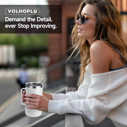 Volhoply 22oz Insulated Stainless Steel Coffee Mug with Leakproof Lid,Double Wall Vacuum Travel Coffee Cup with Handle,Reusable Metal Tumbler,Camping Mugs Keep Hot&Cold(Navy,1)