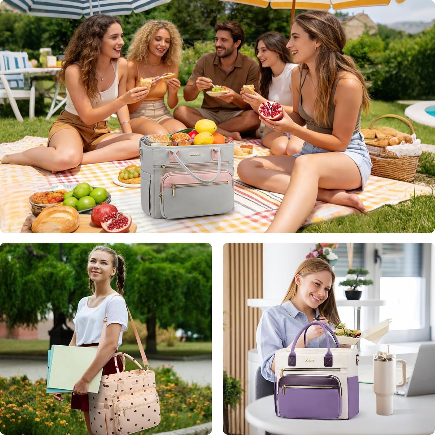 Insulated Lunch Box for Women,Large Adult Lunch Cooler Bag Women | Wide Opening Leakproof Cooler Bag with Cup Holder,Lunch Teacher Tote Bag for Work,Picnic,Beach,Family,College,Gift,13L - Colors B