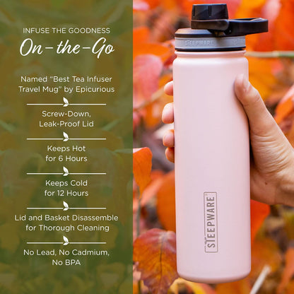 Steepware Tea Tumbler and Thermos, 22oz, Tea Bottle with tea infuser for loose leaf tea or iced coffee, Sleek Double Wall Tumbler & Insulated Travel Bottle - Teal