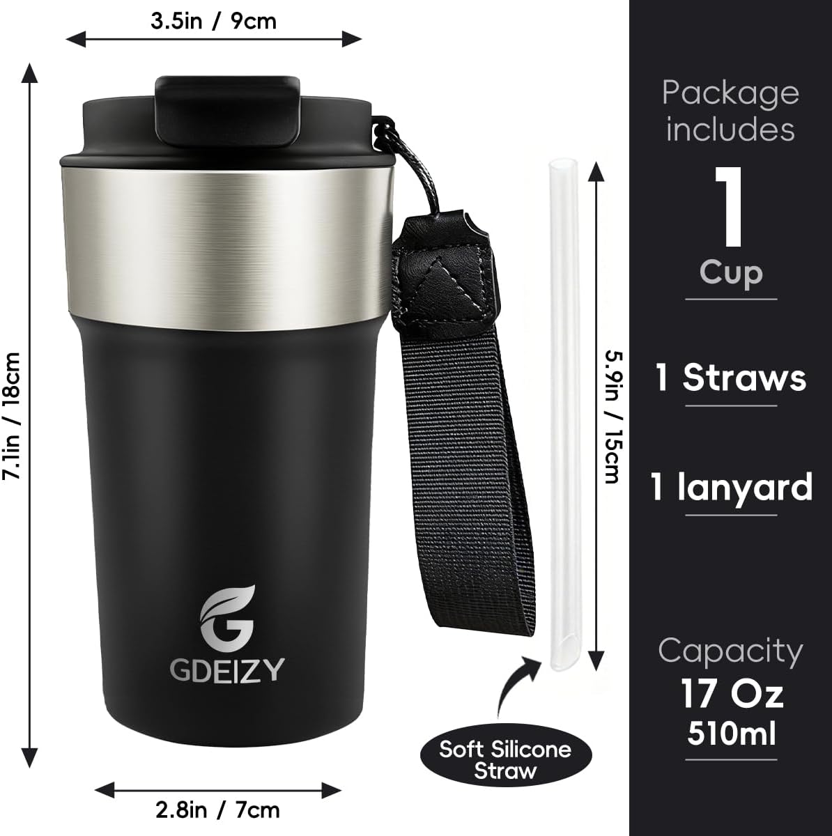 Insulated Travel Coffee Mug, 17oz Stainless Steel Leakproof Flip Straw Cup | Insulated Travel Coffee Mug, 17oz Stainless Steel Leakproof Flip Straw Cup