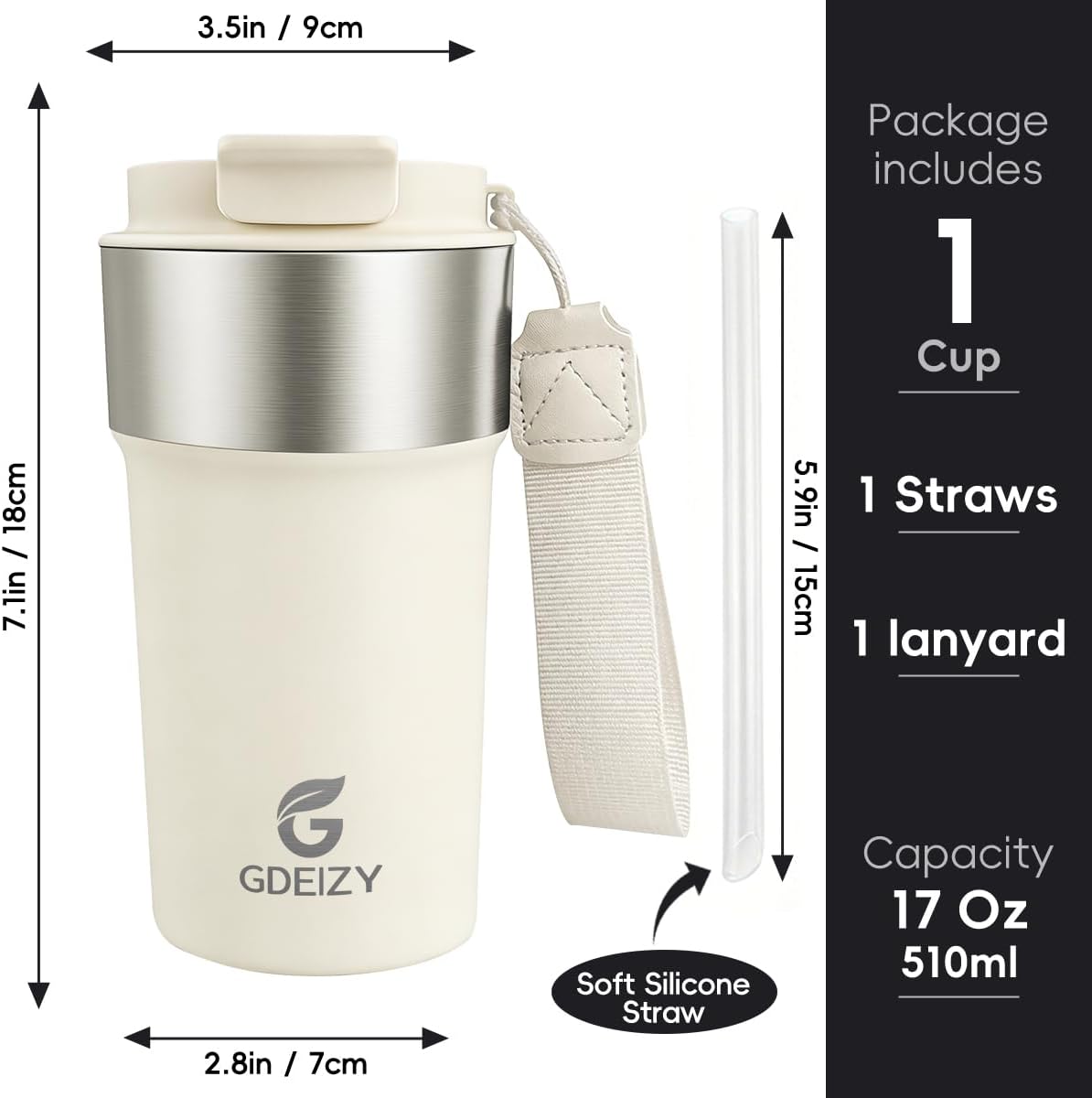 Insulated Travel Coffee Mug, 17oz Stainless Steel Leakproof Flip Straw Cup | Insulated Travel Coffee Mug, 17oz Stainless Steel Leakproof Flip Straw Cup