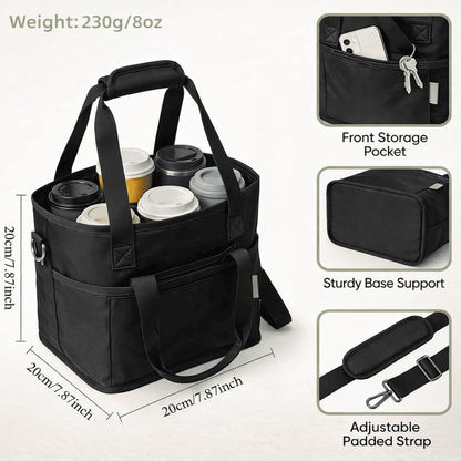 Family Size 4 Compartment Drink Carrier Bag for Cups & Bottles, No-Spill Beverage Holder with Removable Dividers & Shoulder Strap, Portable Water Bottle Tote for Travel, Work, Outdoor (Black)