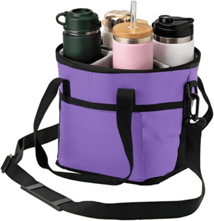 Family Size 4 Compartment Drink Carrier Bag for Cups & Bottles, No-Spill Beverage Holder with Removable Dividers & Shoulder Strap, Portable Water Bottle Tote for Travel, Work, Outdoor (Black)
