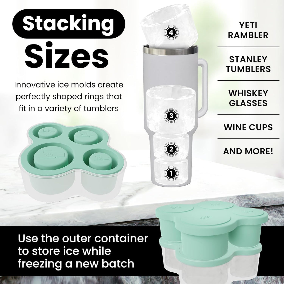 4-Ring Silicone Ice Cube Tray for Stanley Cup with Lid and Metal Reusable Straws - Stanley Ice Mold - Stanley Cup Ice Mold - Stanley Cup Ice Cube Mold for 14-40 oz Tumbler, Whiskey, Cocktails, Drinks