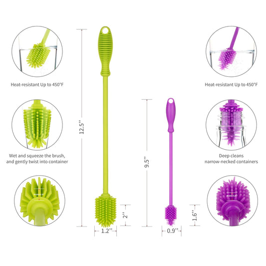 A-Brush Silicone Bottle Cleaner Brush, 2 Piece Set, Flexible, Long Handle - Water Bottle Cleaner, Baby Bottle Nipple Brush for Plastic & Glass, BPA-Free Dish Washing Brush