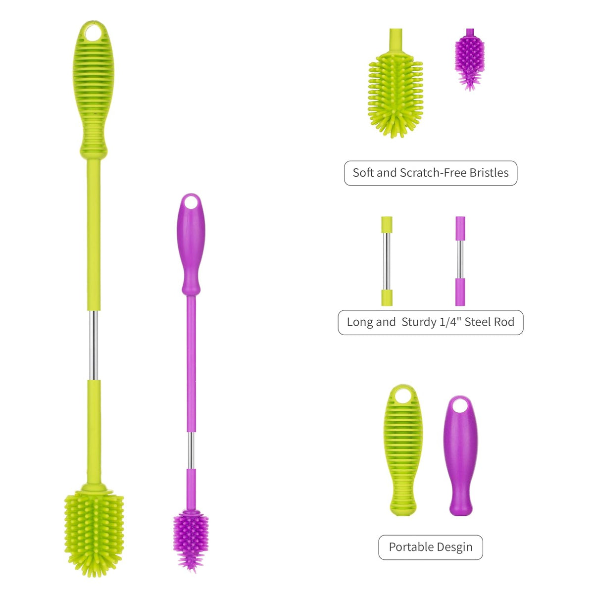A-Brush Silicone Bottle Cleaner Brush, 2 Piece Set, Flexible, Long Handle - Water Bottle Cleaner, Baby Bottle Nipple Brush for Plastic & Glass, BPA-Free Dish Washing Brush