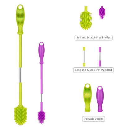 A-Brush Silicone Bottle Cleaner Brush, 2 Piece Set, Flexible, Long Handle - Water Bottle Cleaner, Baby Bottle Nipple Brush for Plastic & Glass, BPA-Free Dish Washing Brush
