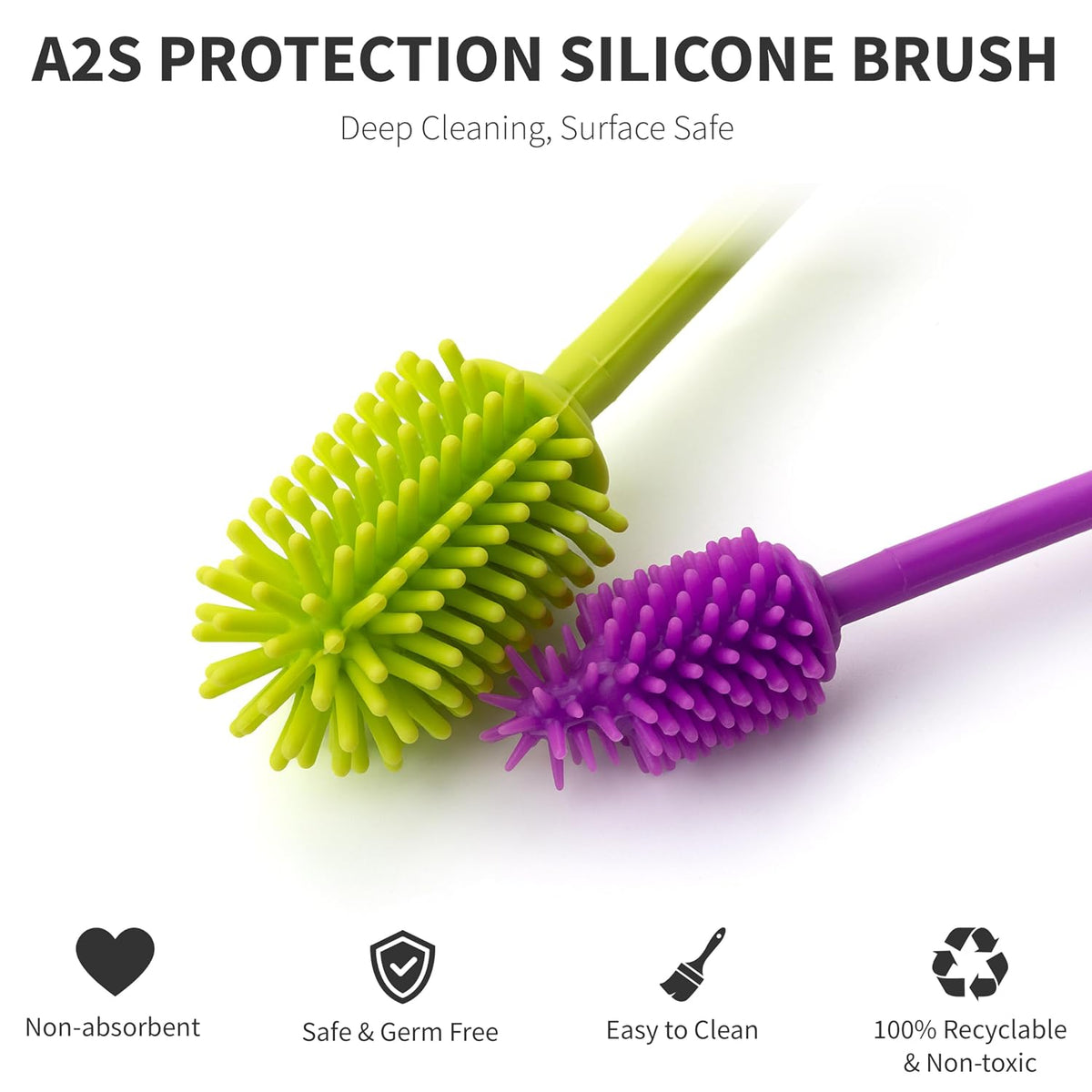 A-Brush Silicone Bottle Cleaner Brush, 2 Piece Set, Flexible, Long Handle - Water Bottle Cleaner, Baby Bottle Nipple Brush for Plastic & Glass, BPA-Free Dish Washing Brush