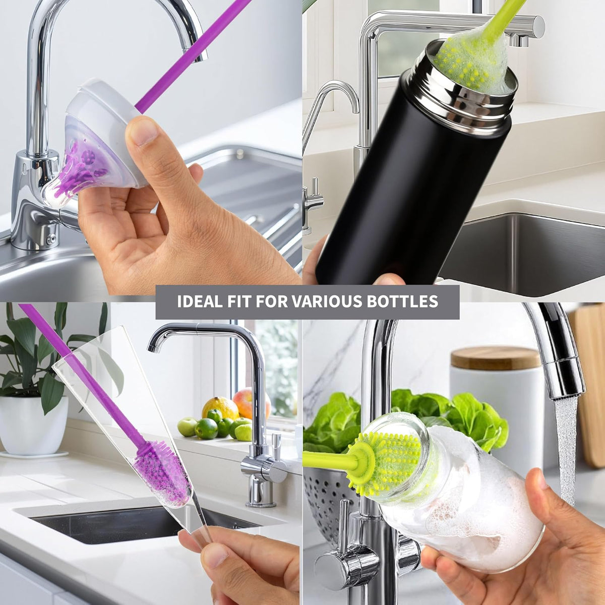 A-Brush Silicone Bottle Cleaner Brush, 2 Piece Set, Flexible, Long Handle - Water Bottle Cleaner, Baby Bottle Nipple Brush for Plastic & Glass, BPA-Free Dish Washing Brush