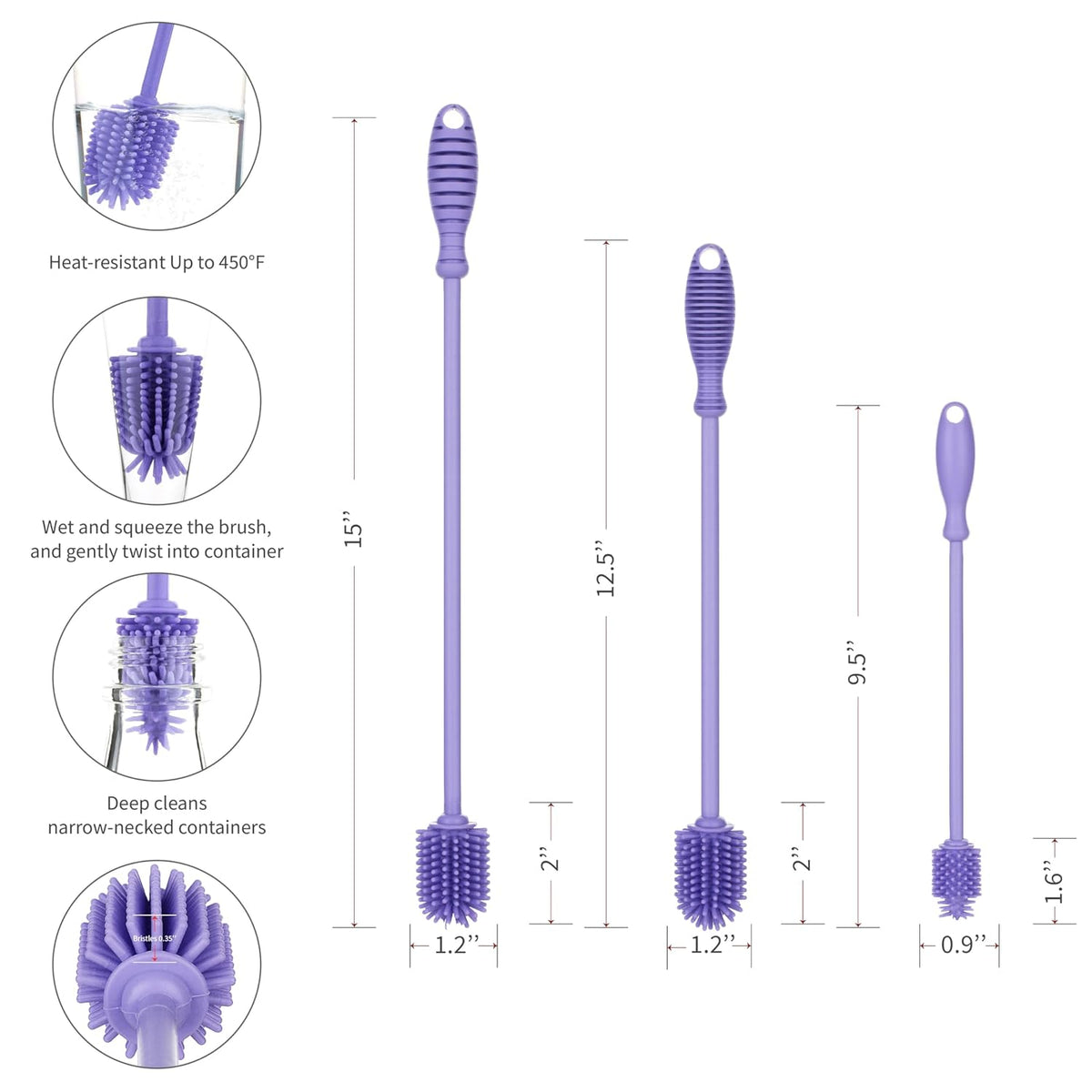A-Brush Silicone Bottle Cleaner Brush, 2 Piece Set, Flexible, Long Handle - Water Bottle Cleaner, Baby Bottle Nipple Brush for Plastic & Glass, BPA-Free Dish Washing Brush
