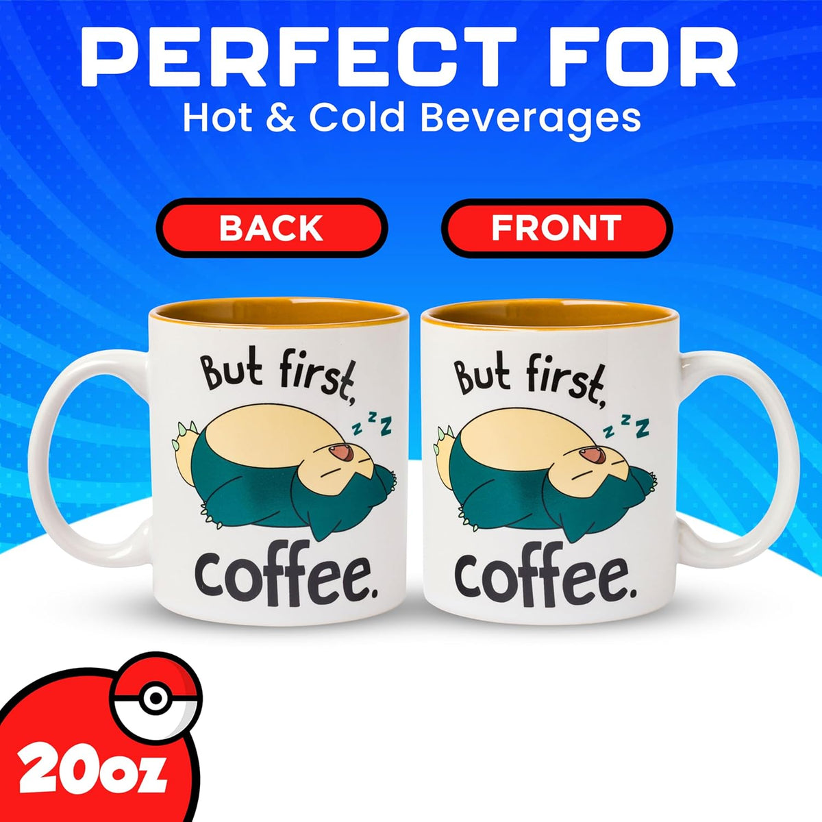Pokémon Snorlax But First Coffee Quote, Ceramic Mug, 20oz | 0.59 Liters