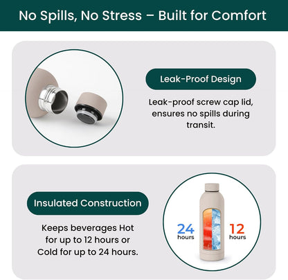 Stainless Steel Water Bottle 17 Oz, Vacuum Insulated, Leak Proof, Sand