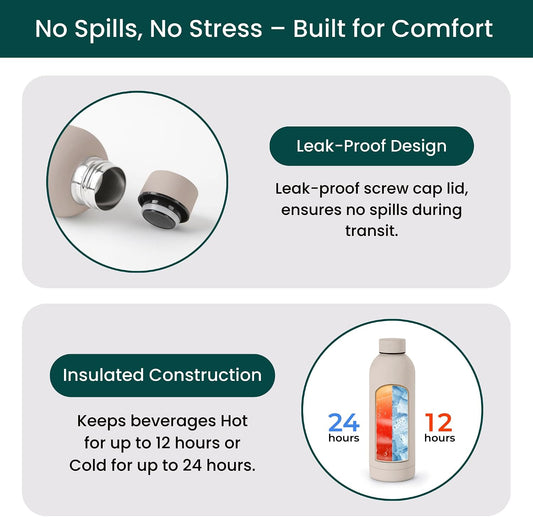 Stainless Steel Water Bottle 17 Oz, Vacuum Insulated, Leak Proof, Sand