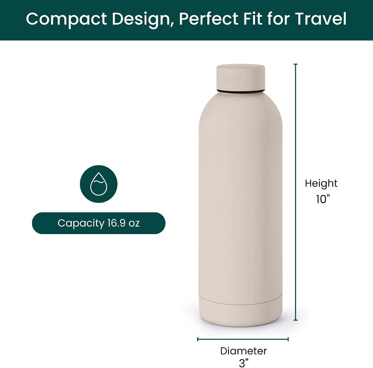 Stainless Steel Water Bottle 17 Oz, Vacuum Insulated, Leak Proof, Sand