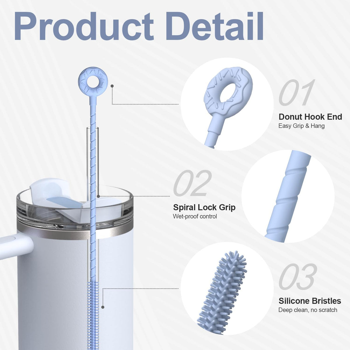 Silicone Straw Cleaner Brush, 2 Pcs Reusable Straw Brush(6mm+9mm) for Cleaning Narrow & Wide Straws, Tumblers, Blue