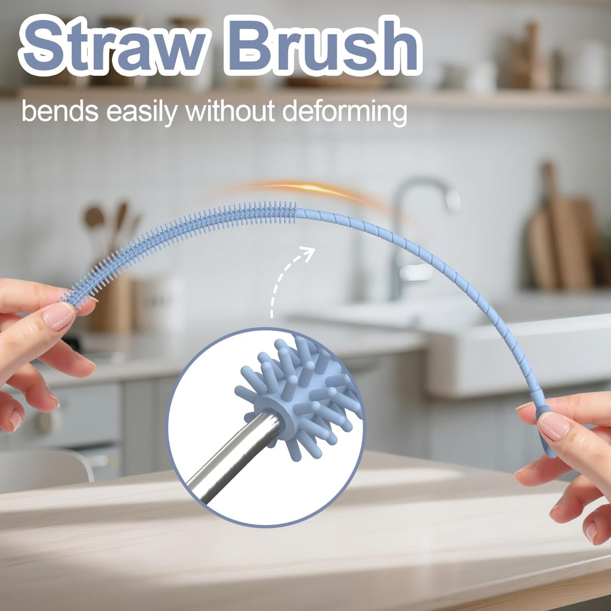 Silicone Straw Cleaner Brush, 2 Pcs Reusable Straw Brush(6mm+9mm) for Cleaning Narrow & Wide Straws, Tumblers, Blue