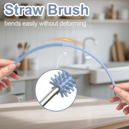 Silicone Straw Cleaner Brush, 2 Pcs Reusable Straw Brush(6mm+9mm) for Cleaning Narrow & Wide Straws, Tumblers, Blue