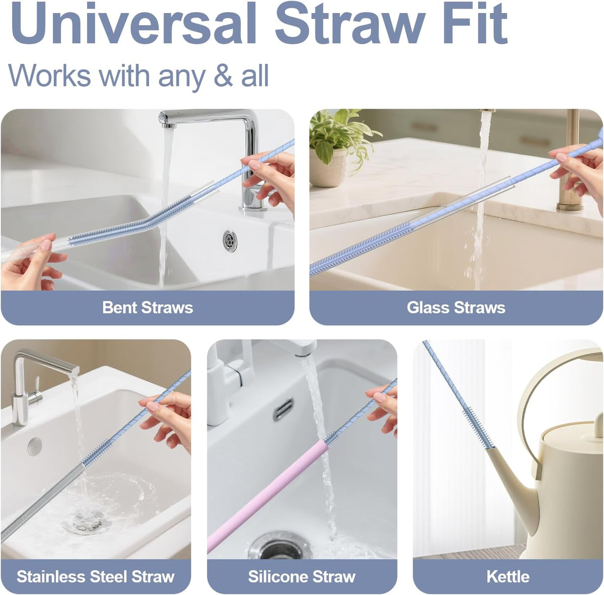 Silicone Straw Cleaner Brush, 2 Pcs Reusable Straw Brush(6mm+9mm) for Cleaning Narrow & Wide Straws, Tumblers, Blue