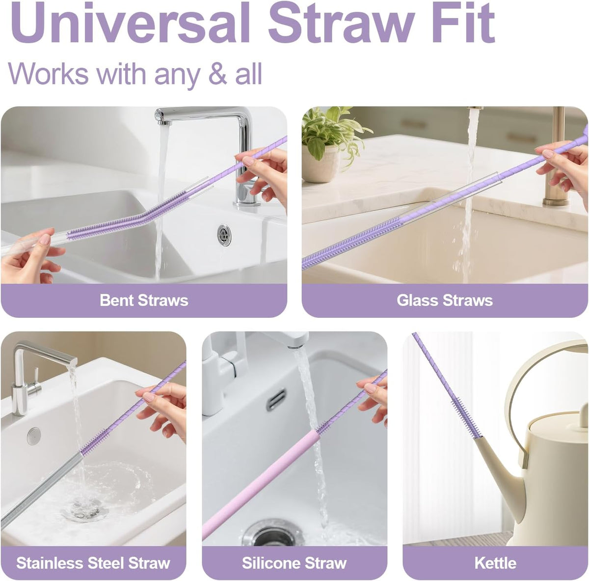 Silicone Straw Cleaner Brush, 2 Pcs Reusable Straw Brush(6mm+9mm) for Cleaning Narrow & Wide Straws, Tumblers, Blue