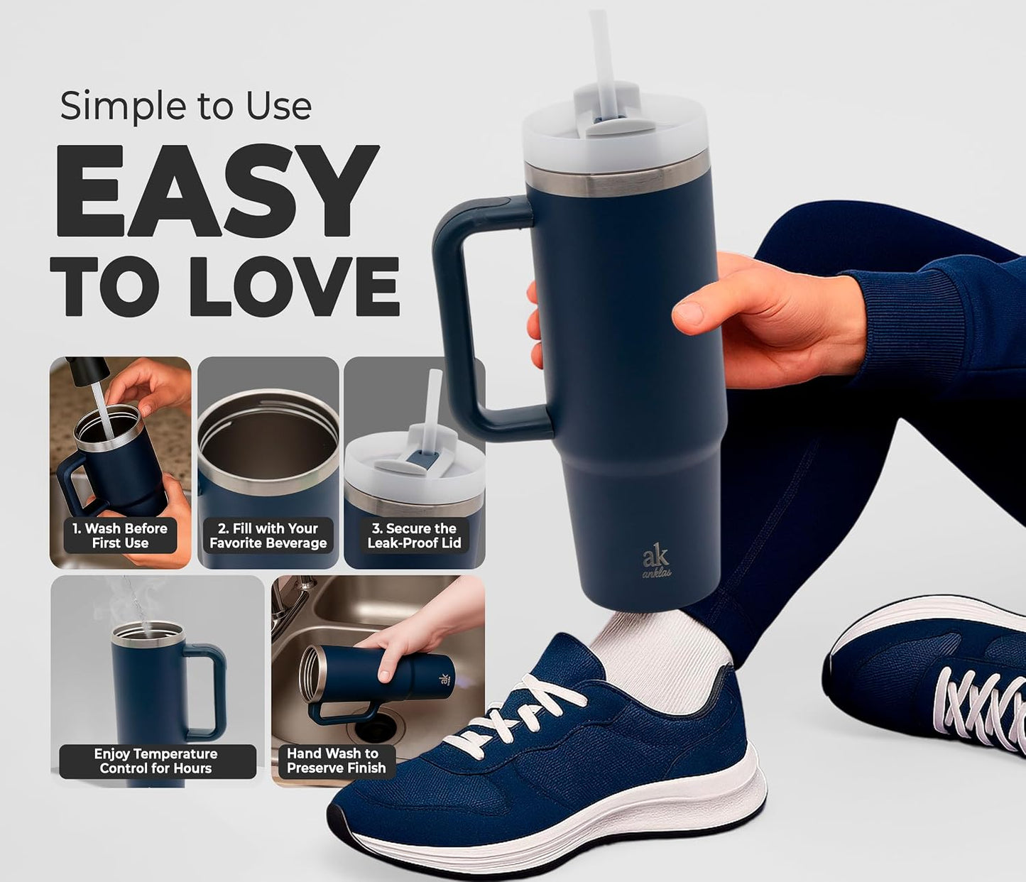 Stainless Steel Tumbler with leak proof lid - Compact insulated travel mug for hot or cold - Reusable coffee mug and water bottle for office, gym, hiking (LITMUS DARK BLUE, TUMBLER 20oz)