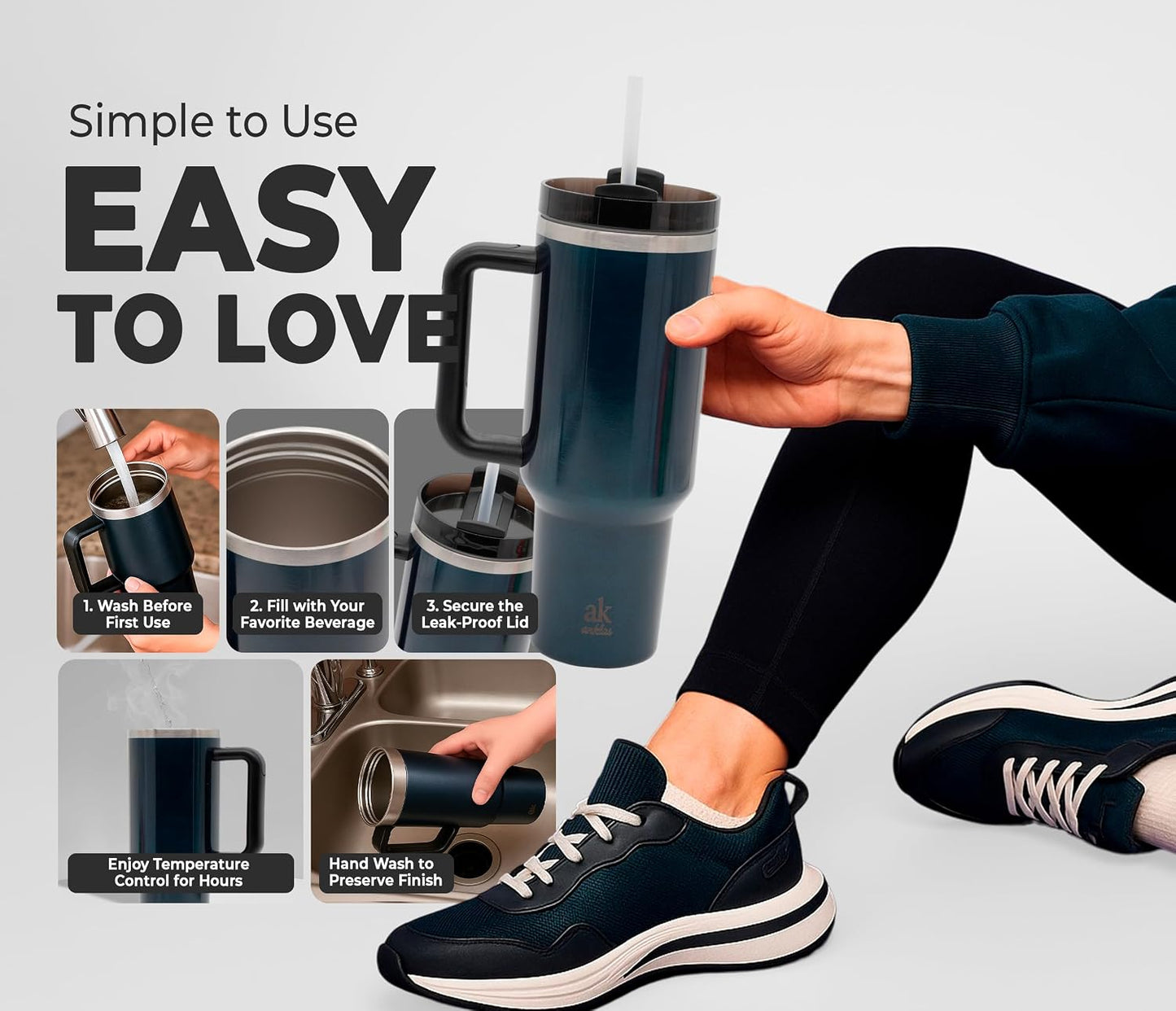 Stainless Steel Tumbler with leak proof lid - Compact insulated travel mug for hot or cold - Reusable coffee mug and water bottle for office, gym, hiking (LITMUS DARK BLUE, TUMBLER 20oz)