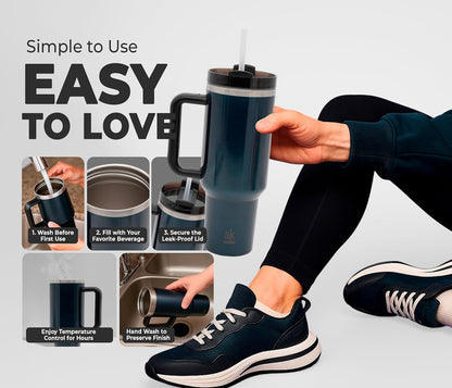 Stainless Steel Tumbler with leak proof lid - Compact insulated travel mug for hot or cold - Reusable coffee mug and water bottle for office, gym, hiking (LITMUS DARK BLUE, TUMBLER 20oz)