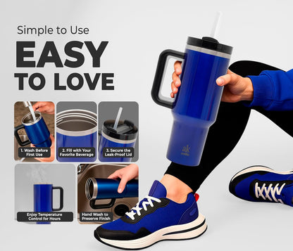 Stainless Steel Tumbler with leak proof lid - Compact insulated travel mug for hot or cold - Reusable coffee mug and water bottle for office, gym, hiking (LITMUS DARK BLUE, TUMBLER 20oz)