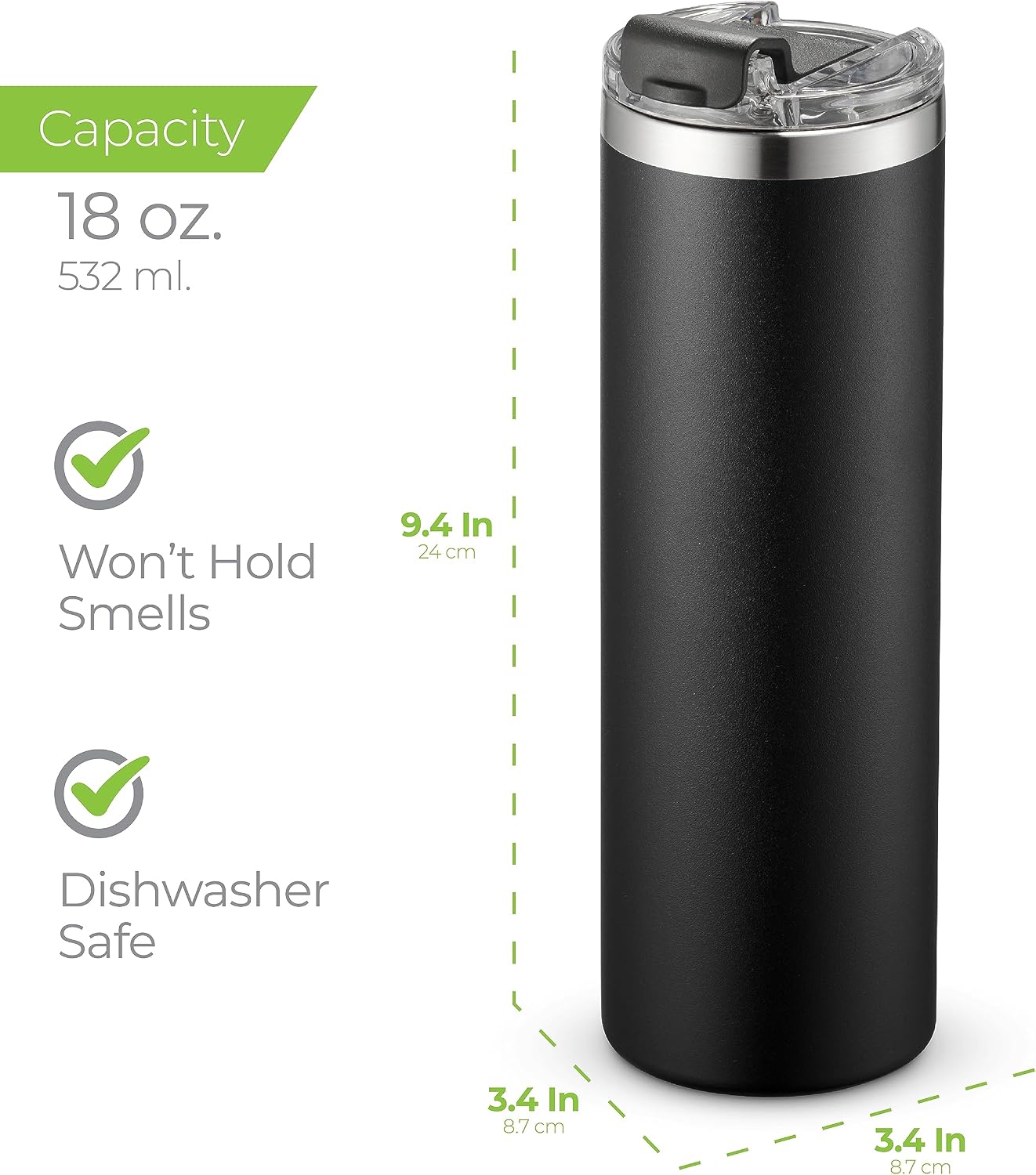 ™ 18 oz Slim Insulated Tumbler with Lid & Straw – Vacuum Insulated Stainless Steel, Leakproof, Cupholder Friendly – Perfect for Iced Coffee, Water & Travel – Green