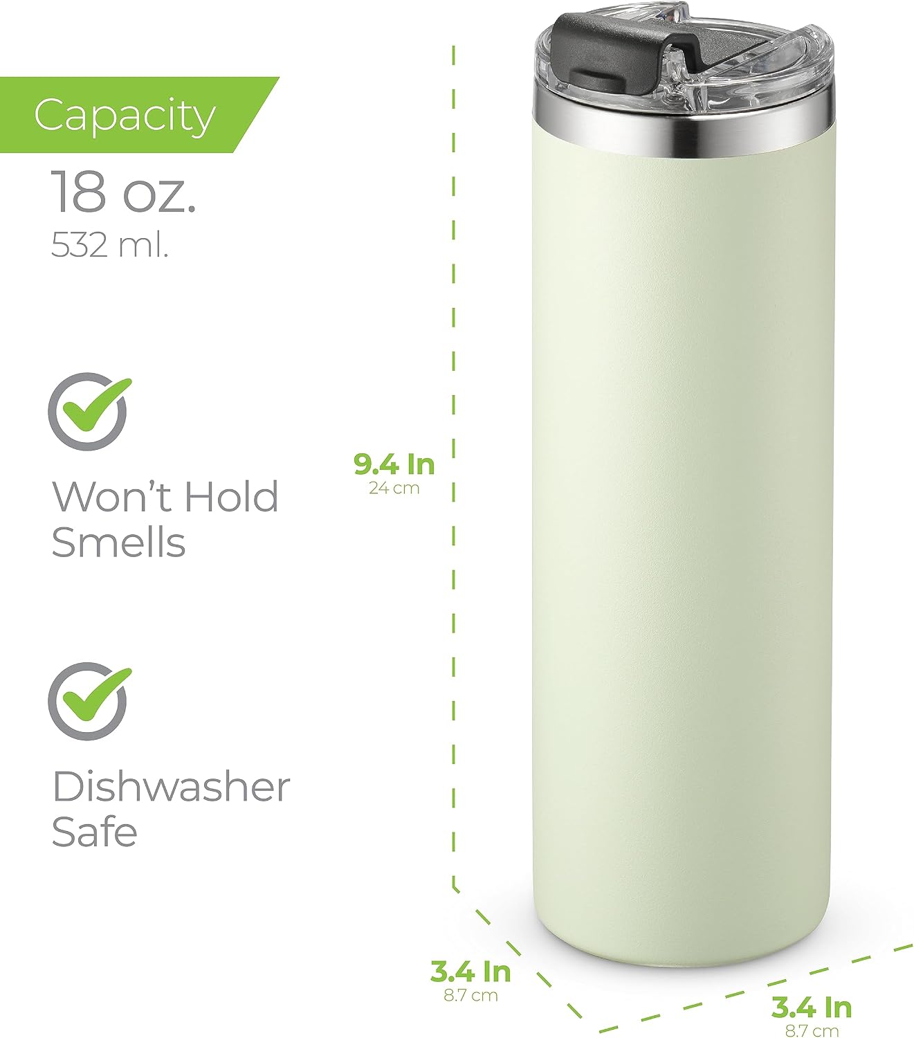 ™ 18 oz Slim Insulated Tumbler with Lid & Straw – Vacuum Insulated Stainless Steel, Leakproof, Cupholder Friendly – Perfect for Iced Coffee, Water & Travel – Green