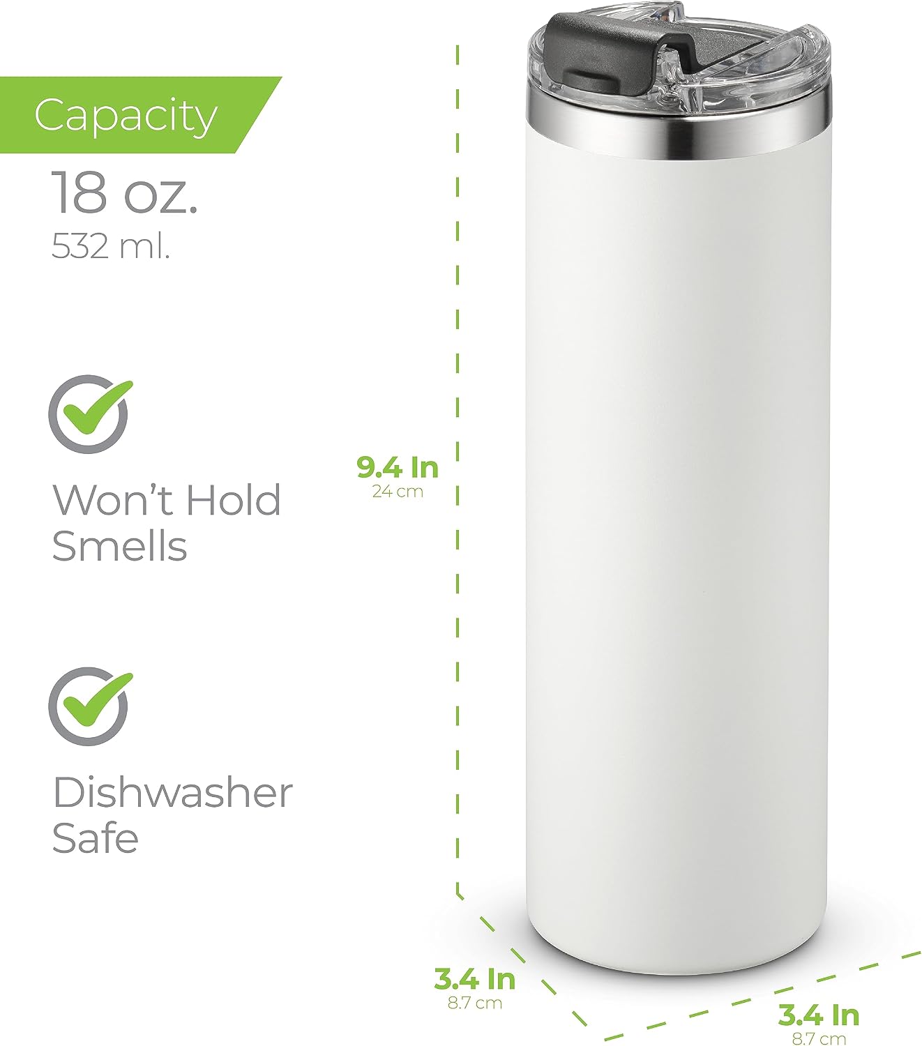 ™ 18 oz Slim Insulated Tumbler with Lid & Straw – Vacuum Insulated Stainless Steel, Leakproof, Cupholder Friendly – Perfect for Iced Coffee, Water & Travel – Green