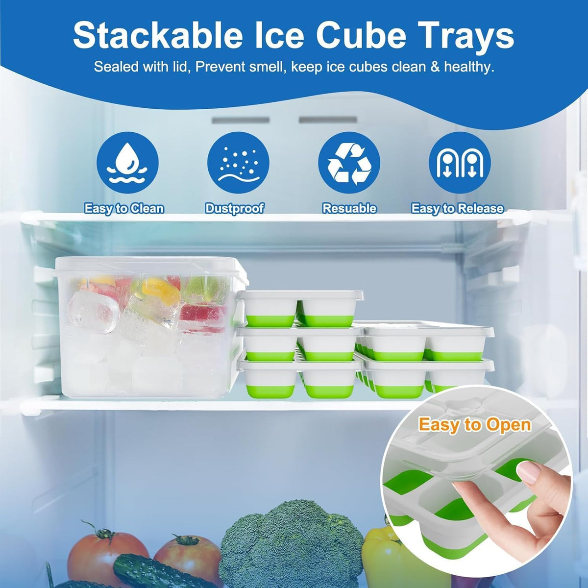 Ice Cube Tray with Lid, Silicone Easy-Release Ice Trays for Freezer, Stackable Ice Cube Molds for Drinks, Cocktails, Whiskey, Coffee - BPA-Free and Odor-Free,Ice Cube Trays for Freezer
