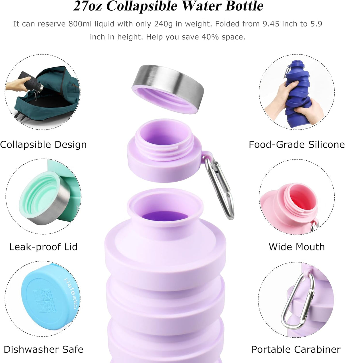 Collapsible Water Bottle, 27oz Reuseable BPA Free Silicone Foldable Portable Leak Proof Sports Water Bottle with Carabiner for Travel Gym Camping Hiking