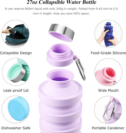 Collapsible Water Bottle, 27oz Reuseable BPA Free Silicone Foldable Portable Leak Proof Sports Water Bottle with Carabiner for Travel Gym Camping Hiking