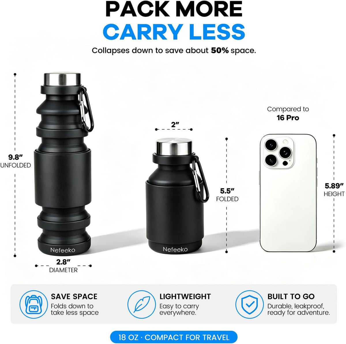 Collapsible Water Bottle, 27oz Reuseable BPA Free Silicone Foldable Portable Leak Proof Sports Water Bottle with Carabiner for Travel Gym Camping Hiking