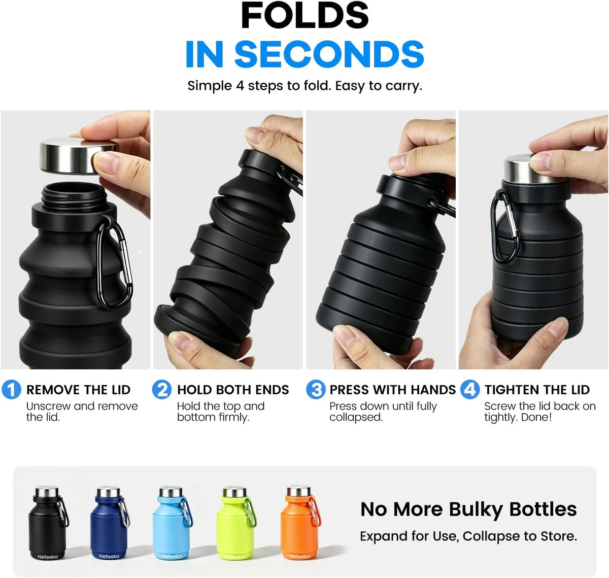 Collapsible Water Bottle, 27oz Reuseable BPA Free Silicone Foldable Portable Leak Proof Sports Water Bottle with Carabiner for Travel Gym Camping Hiking