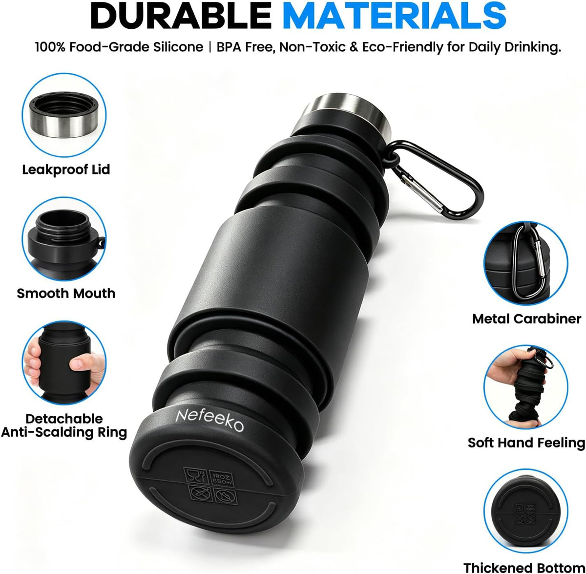 Collapsible Water Bottle, 27oz Reuseable BPA Free Silicone Foldable Portable Leak Proof Sports Water Bottle with Carabiner for Travel Gym Camping Hiking
