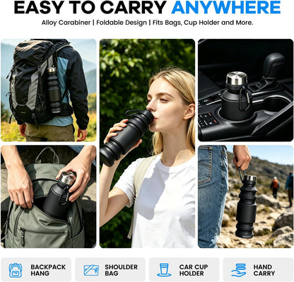 Collapsible Water Bottle, 27oz Reuseable BPA Free Silicone Foldable Portable Leak Proof Sports Water Bottle with Carabiner for Travel Gym Camping Hiking