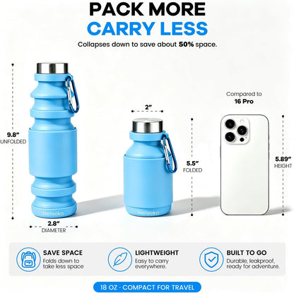 Collapsible Water Bottle, 27oz Reuseable BPA Free Silicone Foldable Portable Leak Proof Sports Water Bottle with Carabiner for Travel Gym Camping Hiking