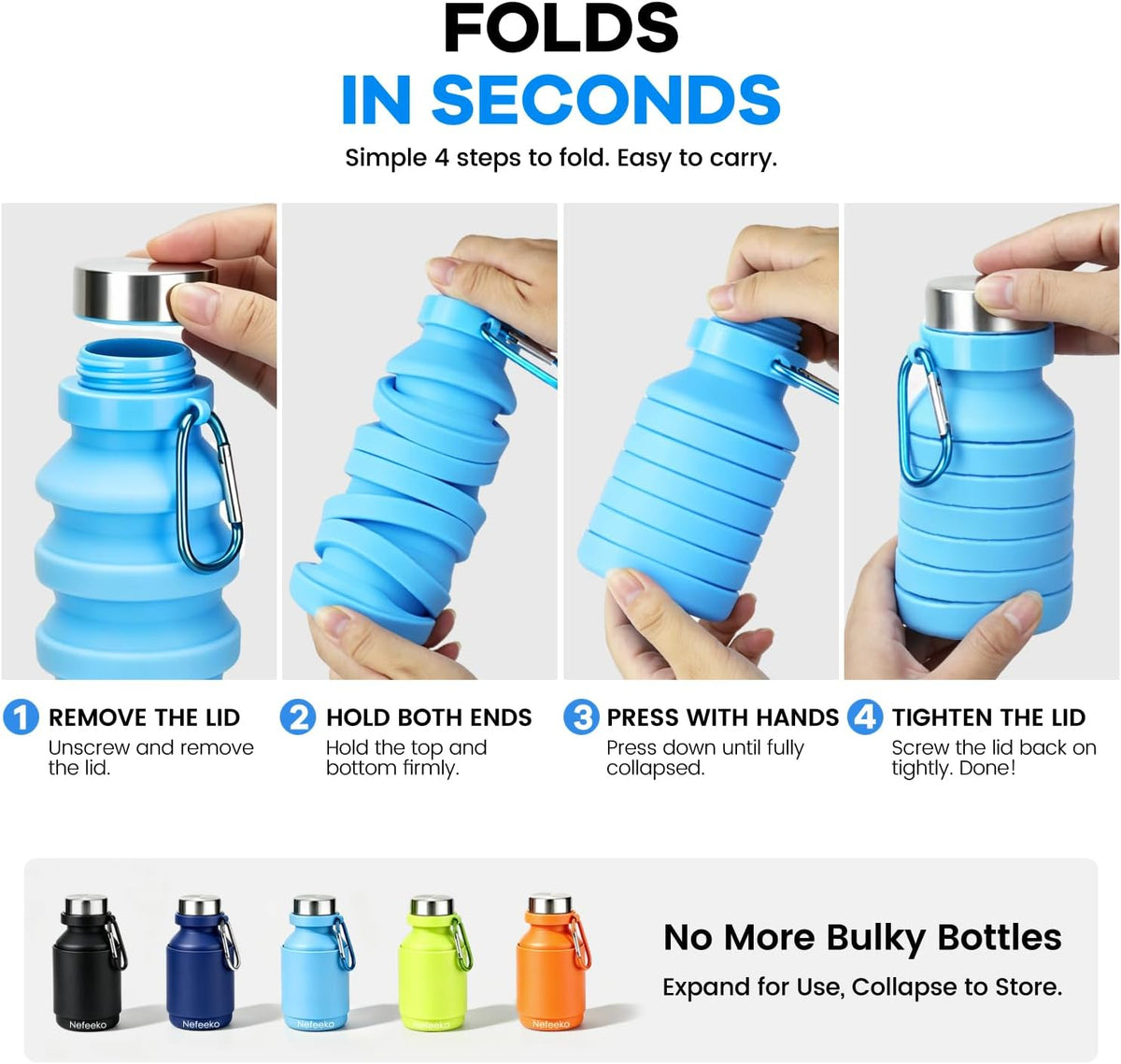 Collapsible Water Bottle, 27oz Reuseable BPA Free Silicone Foldable Portable Leak Proof Sports Water Bottle with Carabiner for Travel Gym Camping Hiking