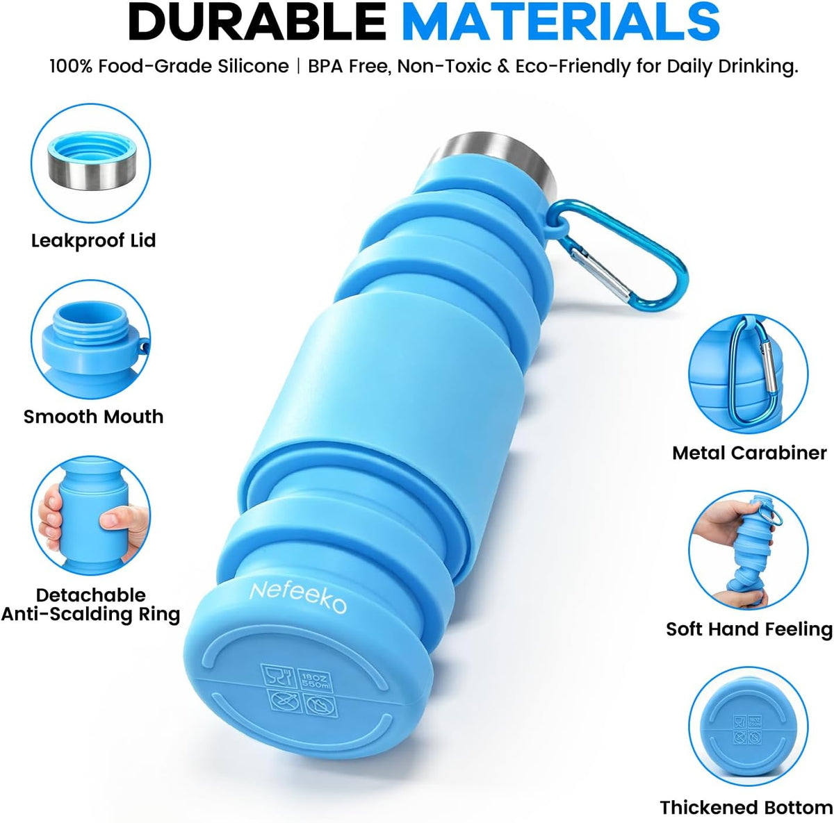 Collapsible Water Bottle, 27oz Reuseable BPA Free Silicone Foldable Portable Leak Proof Sports Water Bottle with Carabiner for Travel Gym Camping Hiking